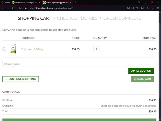 Thyrovanz checkout page showing Thyrovanz coupon code box | Screenshot taken by SimplyCodes community member on Nov 13, 2024