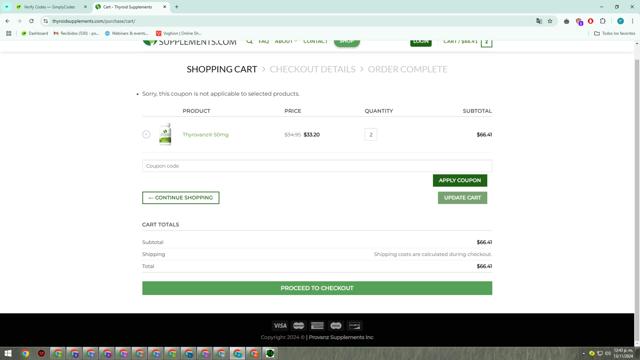 Thyrovanz checkout page showing Thyrovanz coupon code box | Screenshot taken by SimplyCodes community member on Nov 13, 2024