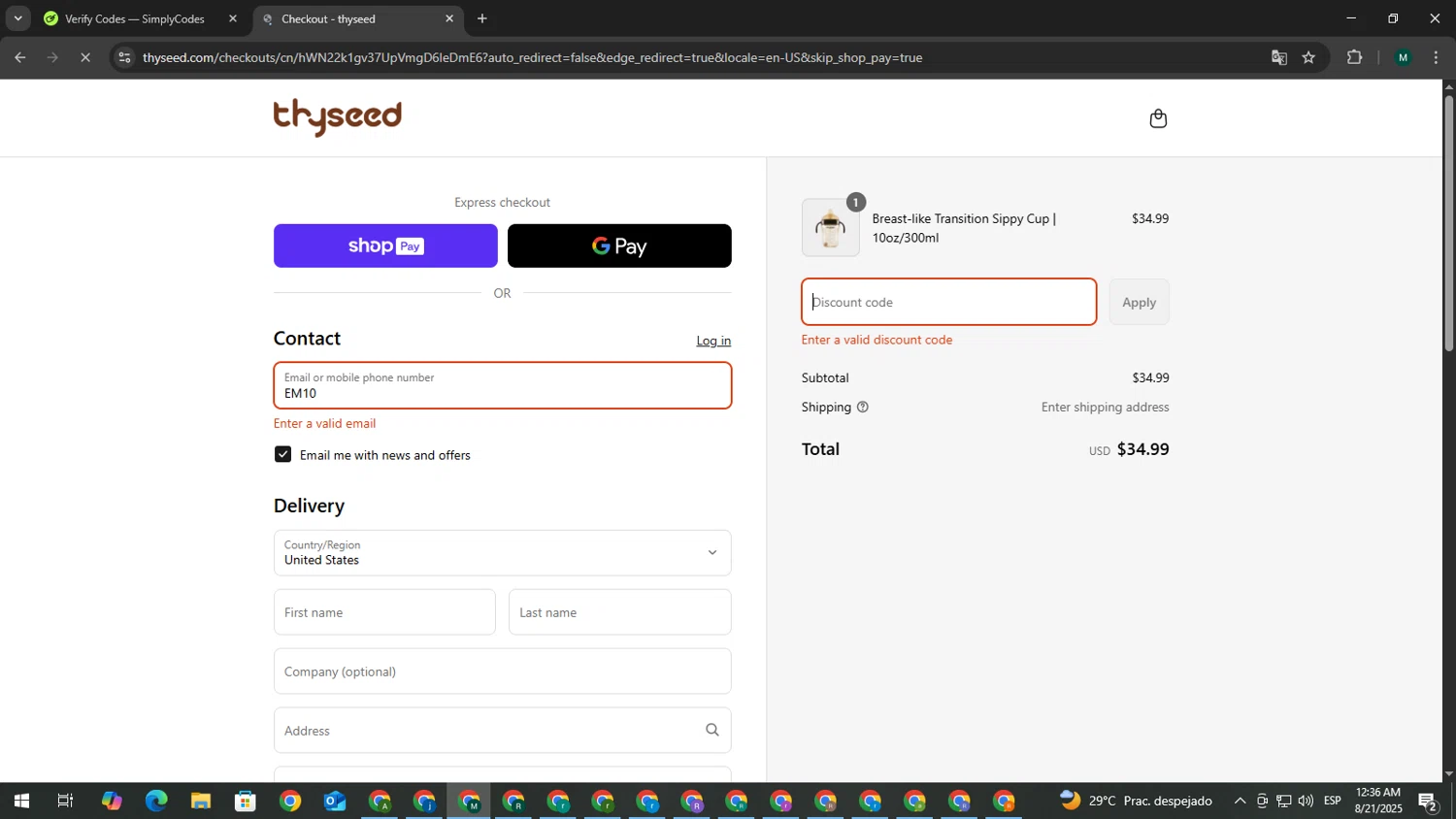 Thyseed promo code screenshot showing code EM10 applied at Thyseed checkout page. Uploaded by SimplyCodes community member MDLECHUZA on Aug 21, 2025