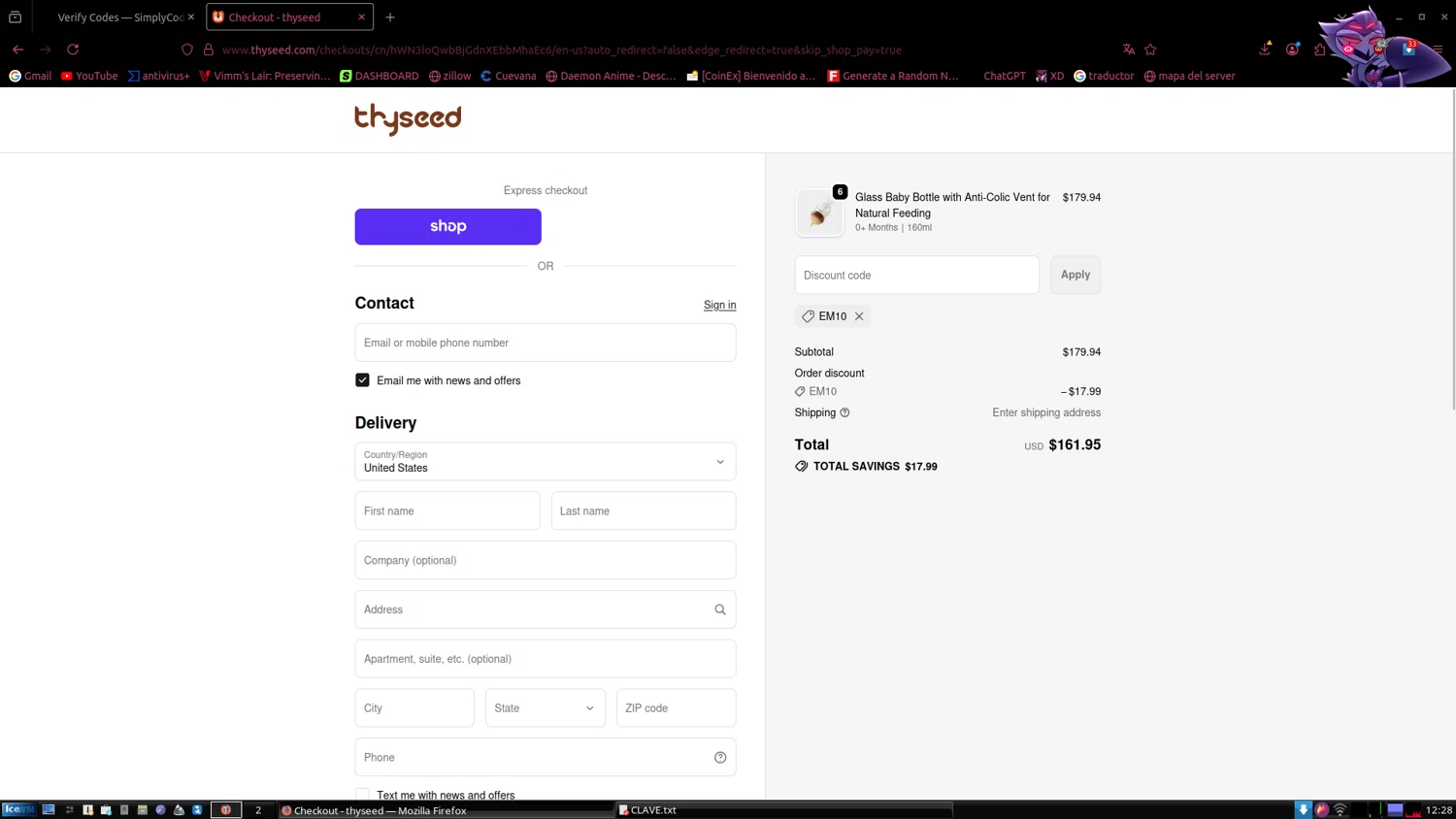 Thyseed promo code screenshot showing code EM10 applied at Thyseed checkout page. Uploaded by SimplyCodes community member SilverWizard1305 on Oct 5, 2025