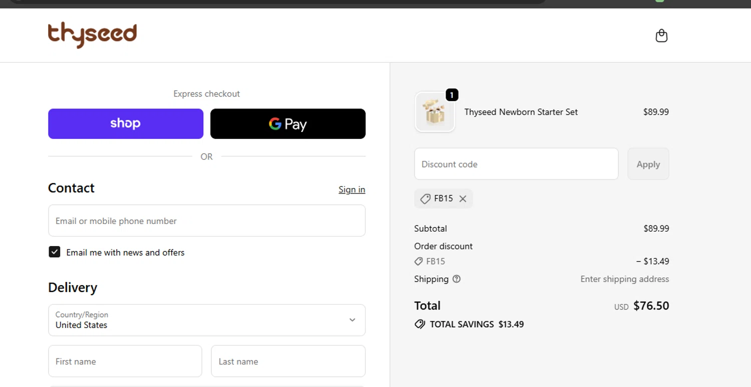 Thyseed promo code screenshot showing code FB15 applied at Thyseed checkout page. Uploaded by SimplyCodes community member gilbertrondon on Oct 21, 2025