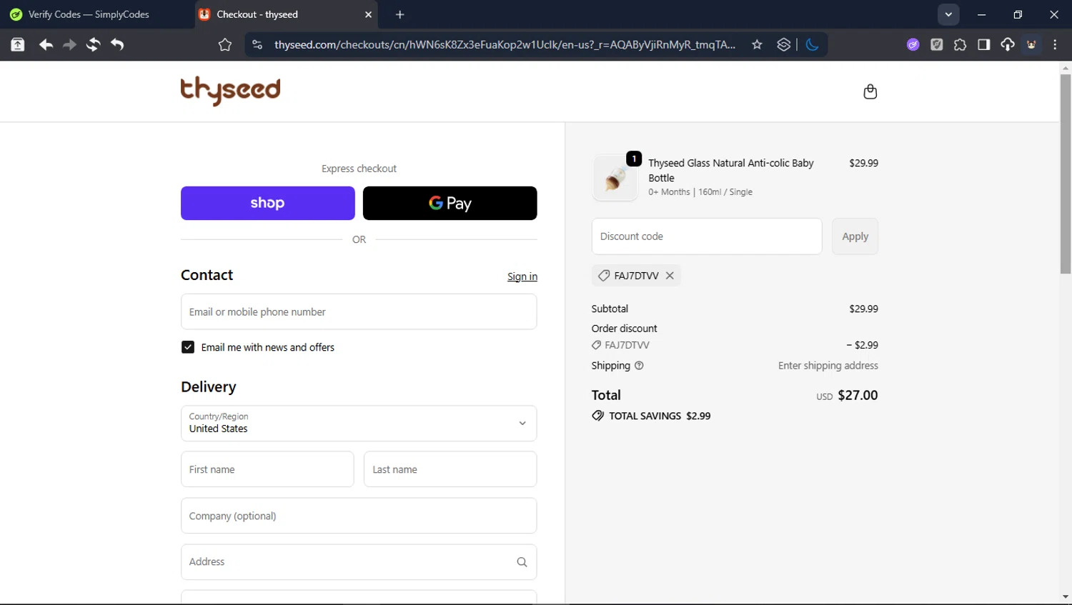 Thyseed promo code screenshot showing code FAJ7DTVV applied at Thyseed checkout page. Uploaded by SimplyCodes community member CleverPioneer8971 on Dec 26, 2025