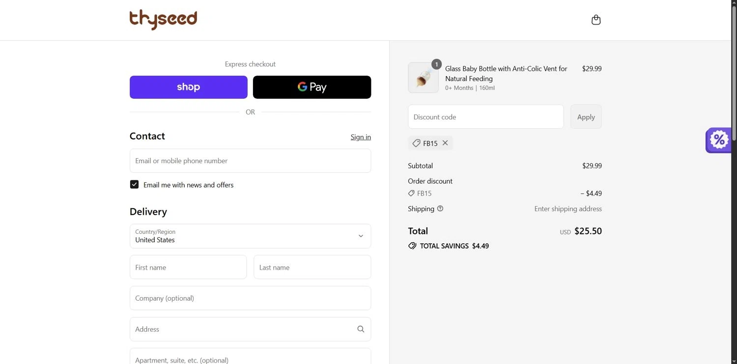 Thyseed promo code screenshot showing code FB15 applied at Thyseed checkout page. Uploaded by SimplyCodes community member Depressive on Sep 16, 2025