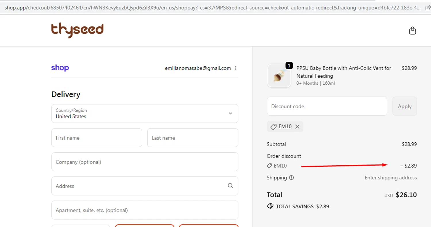 Thyseed promo code screenshot showing code EM10 applied at Thyseed checkout page. Uploaded by SimplyCodes community member EMILIANOMASABE on Sep 24, 2025