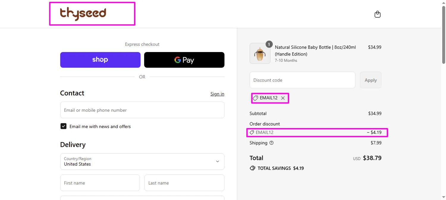 Thyseed promo code screenshot showing code EMAIL12 applied at Thyseed checkout page. Uploaded by SimplyCodes community member mrdarcy on Sep 11, 2025