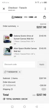 TUESDAY30 coupon verification screenshot