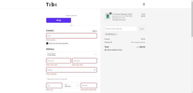 Tibi checkout page showing Tibi promo code box | Screenshot taken by SimplyCodes community member on Sep 14, 2025