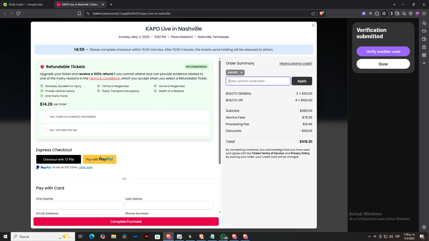 Tickeri checkout page showing Tickeri promo code box | Screenshot taken by SimplyCodes community member on May 3, 2025