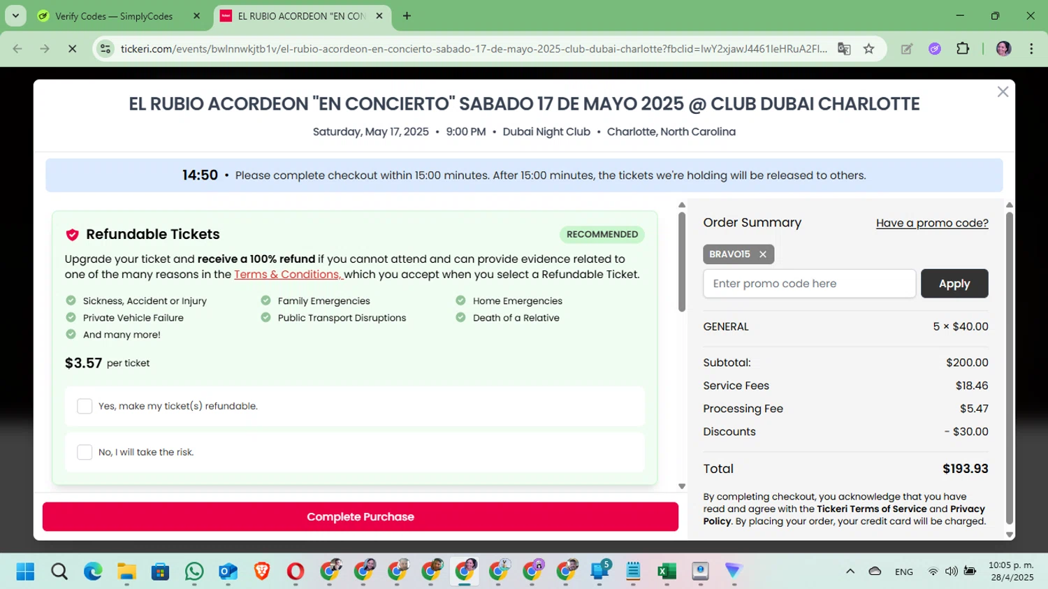 Tickeri checkout page showing Tickeri promo code box | Screenshot taken by SimplyCodes community member on Apr 29, 2025