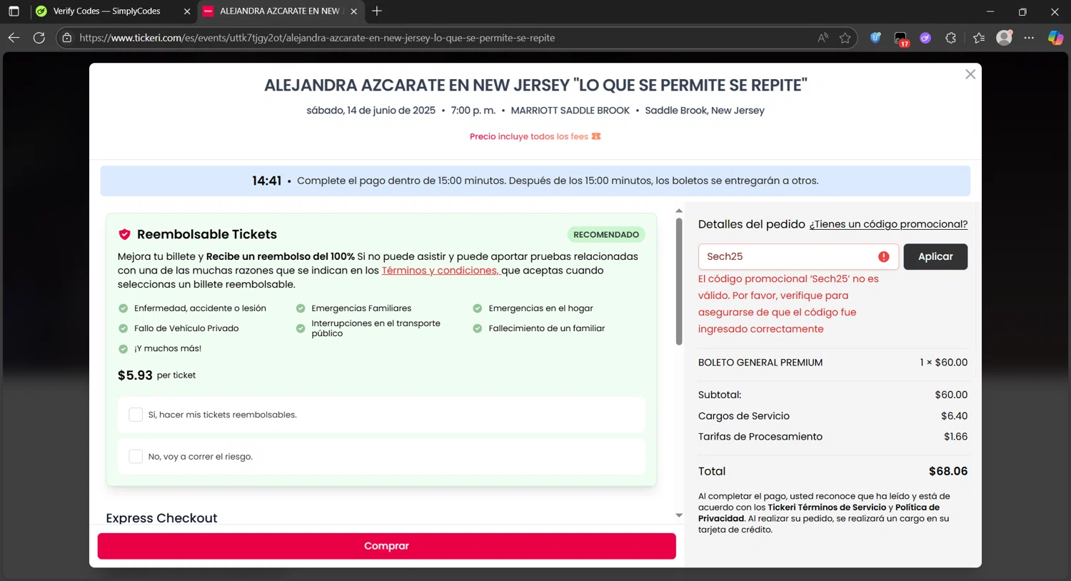 Tickeri promo code screenshot showing code Sech25 applied at Tickeri checkout page. Uploaded by SimplyCodes community member PedriGonzalez on Jun 14, 2025