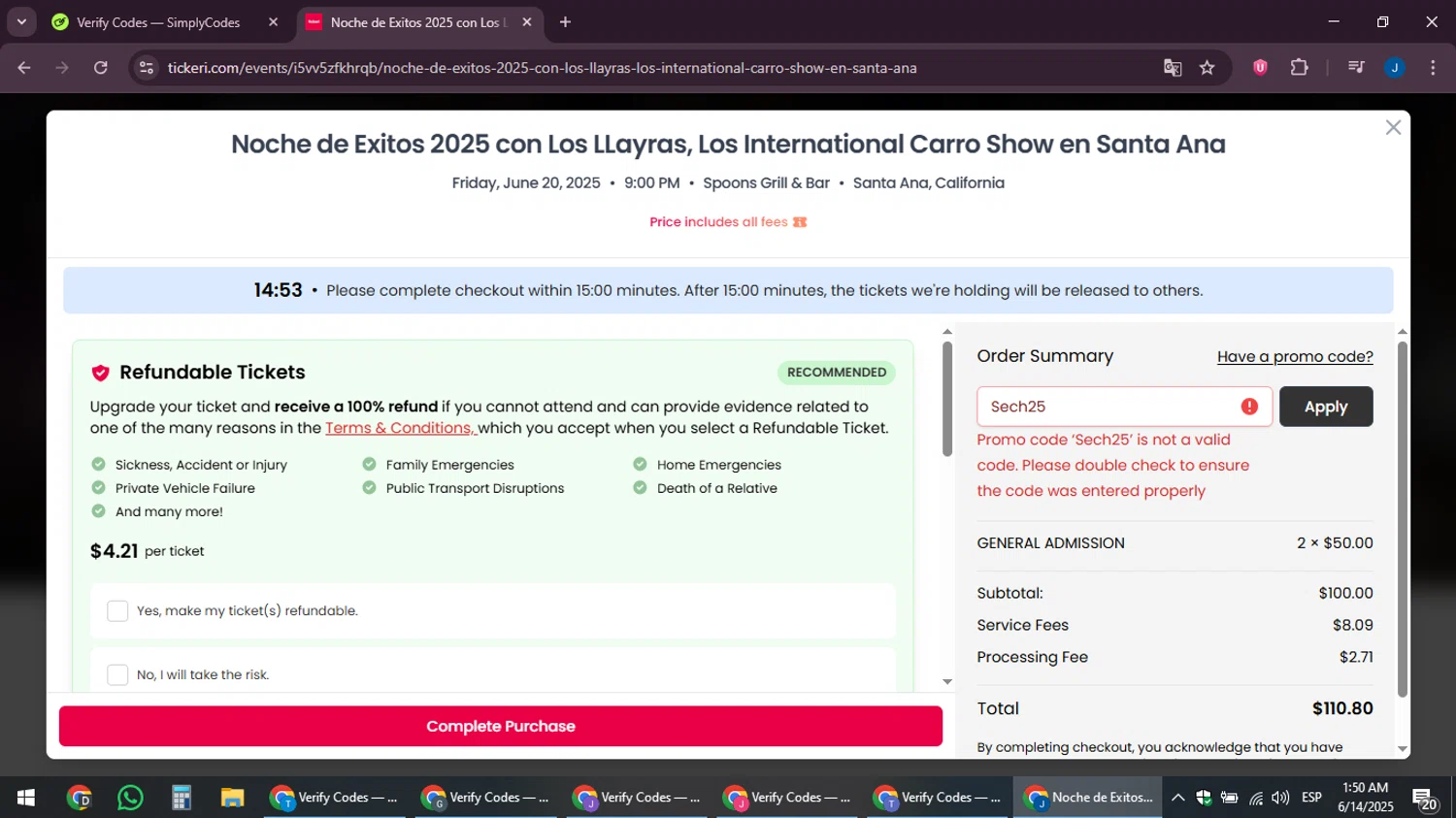 Tickeri promo code screenshot showing code Sech25 applied at Tickeri checkout page. Uploaded by SimplyCodes community member noesmith34ur on Jun 14, 2025