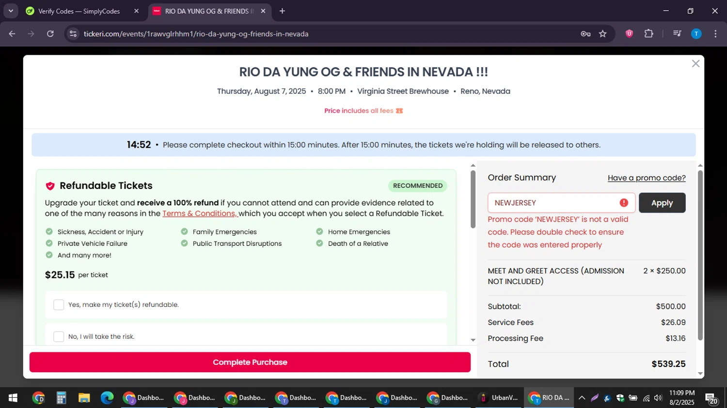 Tickeri promo code screenshot showing code NEWJERSEY applied at Tickeri checkout page. Uploaded by SimplyCodes community member LuckyPioneer4530 on Aug 3, 2025