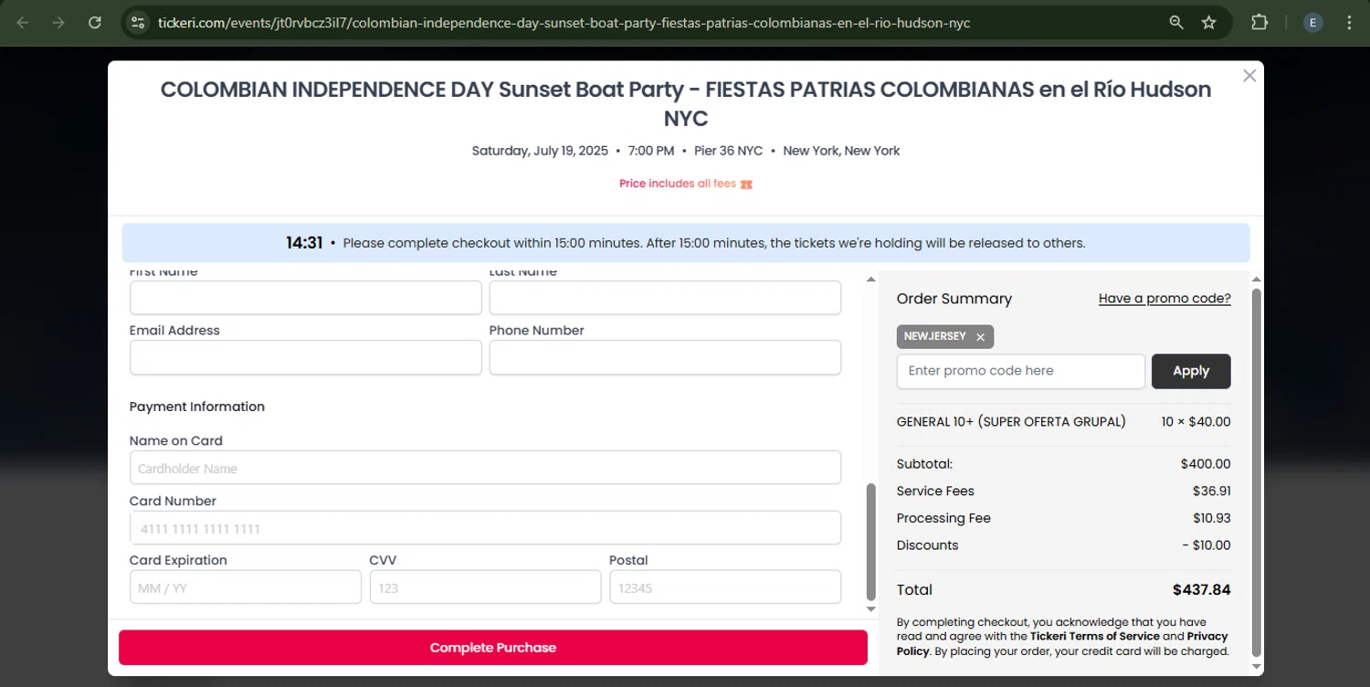 Tickeri checkout page showing Tickeri promo code box | Screenshot taken by SimplyCodes community member on Jul 18, 2025