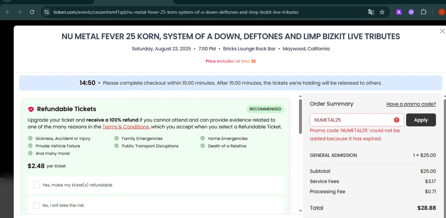 Tickeri promo code screenshot showing code NUMETAL25 applied at Tickeri checkout page. Uploaded by SimplyCodes community member SmartMaestro6853 on Aug 22, 2025
