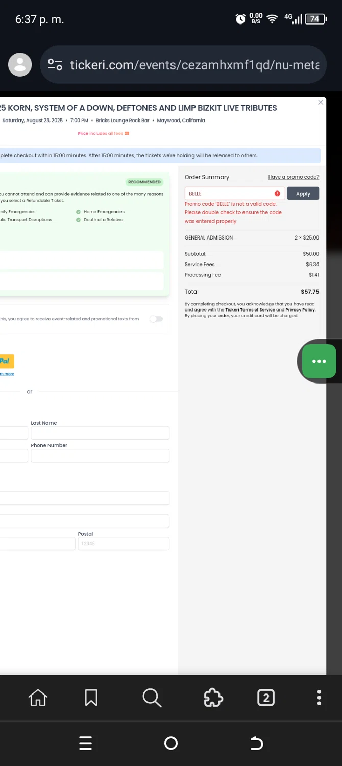 Tickeri promo code screenshot showing code NUMETAL25 applied at Tickeri checkout page. Uploaded by SimplyCodes community member VillaloboY on Aug 22, 2025