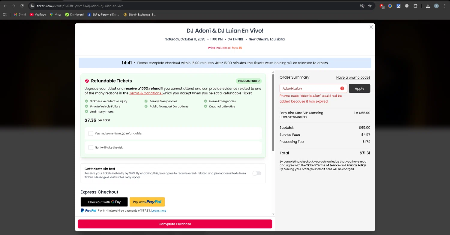 Tickeri promo code screenshot showing code AdonixLuian applied at Tickeri checkout page. Uploaded by SimplyCodes community member YJMQ95 on Sep 25, 2025