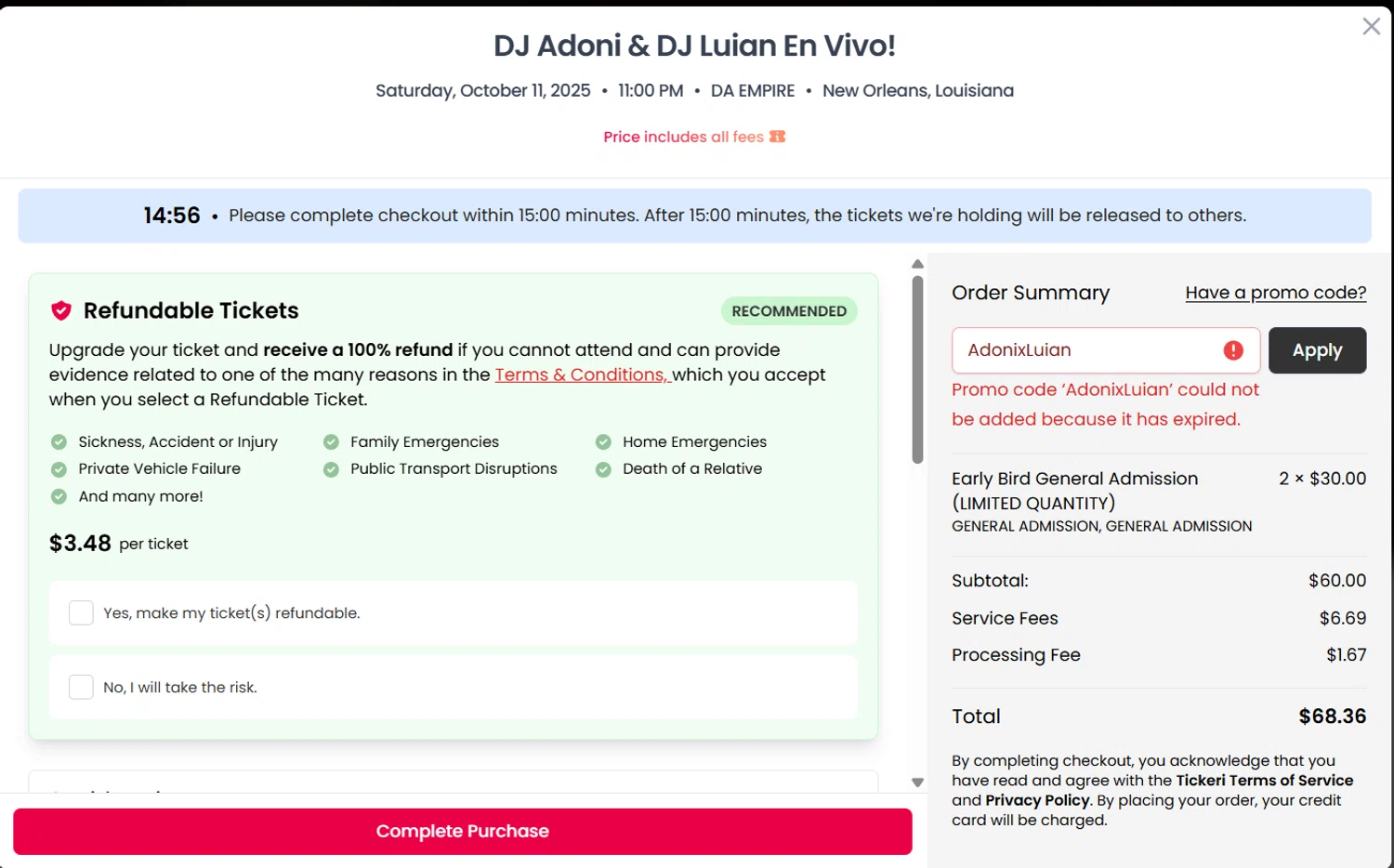 Tickeri promo code screenshot showing code AdonixLuian applied at Tickeri checkout page. Uploaded by SimplyCodes community member comepingas on Sep 25, 2025