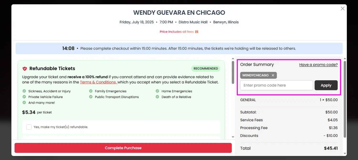Tickeri promo code screenshot showing code WENDYCHICAGO applied at Tickeri checkout page. Uploaded by SimplyCodes community member mrdarcy on Jun 24, 2025