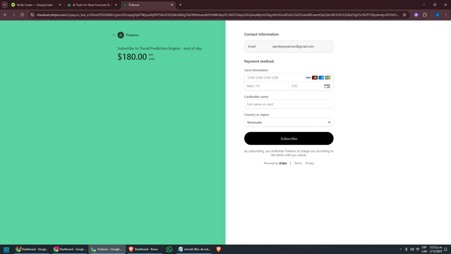 Tickeron promo code screenshot showing code COUPON applied at Tickeron checkout page. Uploaded by SimplyCodes community member oscarbeaujon on Dec 2, 2025
