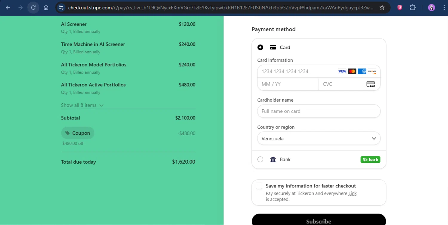 Tickeron checkout page showing Tickeron promo code box | Screenshot taken by SimplyCodes community member on Aug 28, 2025