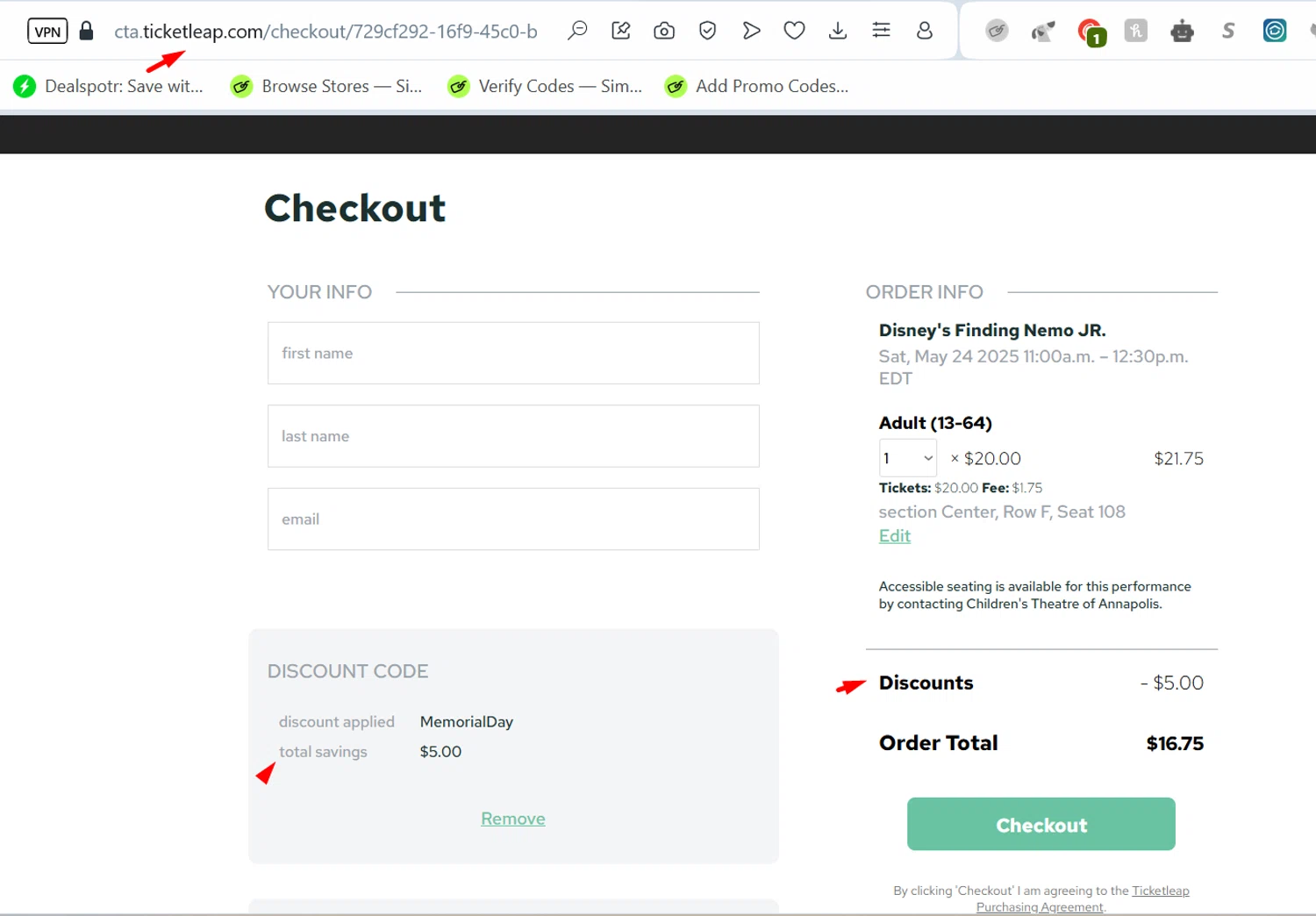 TicketLeap promo code screenshot showing code MemorialDay applied at TicketLeap checkout page. Uploaded by SimplyCodes community member ______________________________ on May 24, 2025