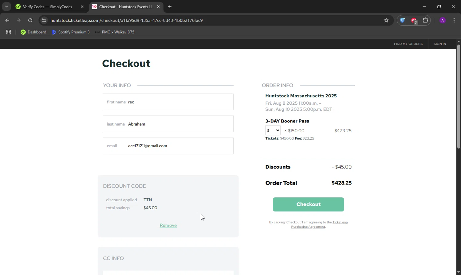TicketLeap checkout page showing TicketLeap promo code box | Screenshot taken by SimplyCodes community member on Jul 28, 2025