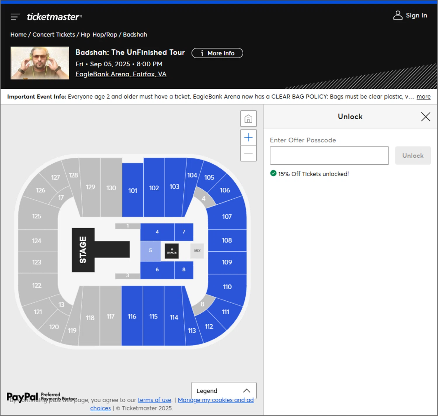 Ticketmaster promo code screenshot showing code INDIA applied at Ticketmaster checkout page. Uploaded by SimplyCodes community member PillarsofCreation on Aug 14, 2025