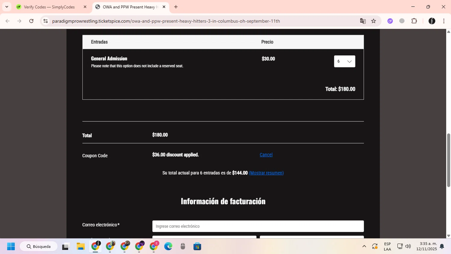 TicketSpice coupon code screenshot showing code FLASHSALE applied at TicketSpice checkout page. Uploaded by SimplyCodes community member ChinoYugiXD on Nov 12, 2025