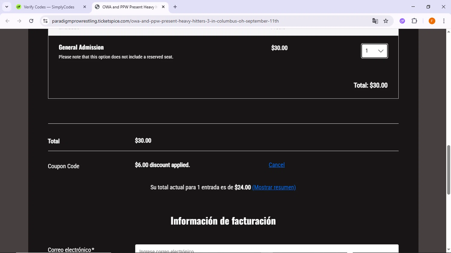 TicketSpice coupon code screenshot showing code FLASHSALE applied at TicketSpice checkout page. Uploaded by SimplyCodes community member TreasureSleuth5198 on Dec 14, 2025