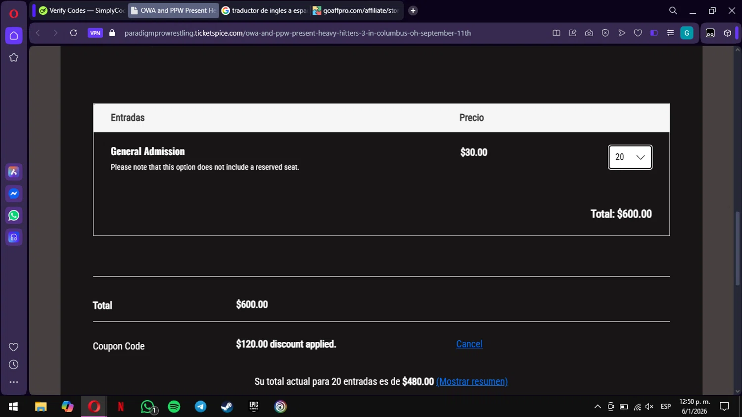 TicketSpice checkout page showing TicketSpice coupon code box | Screenshot taken by SimplyCodes community member on Jan 6, 2026