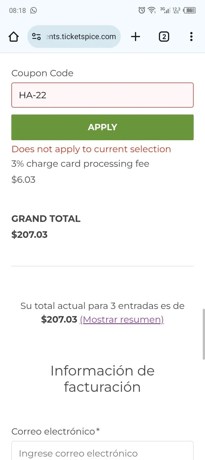 TicketSpice coupon code screenshot showing code HA-22 applied at TicketSpice checkout page. Uploaded by SimplyCodes community member Franklin1 on Mar 31, 2025