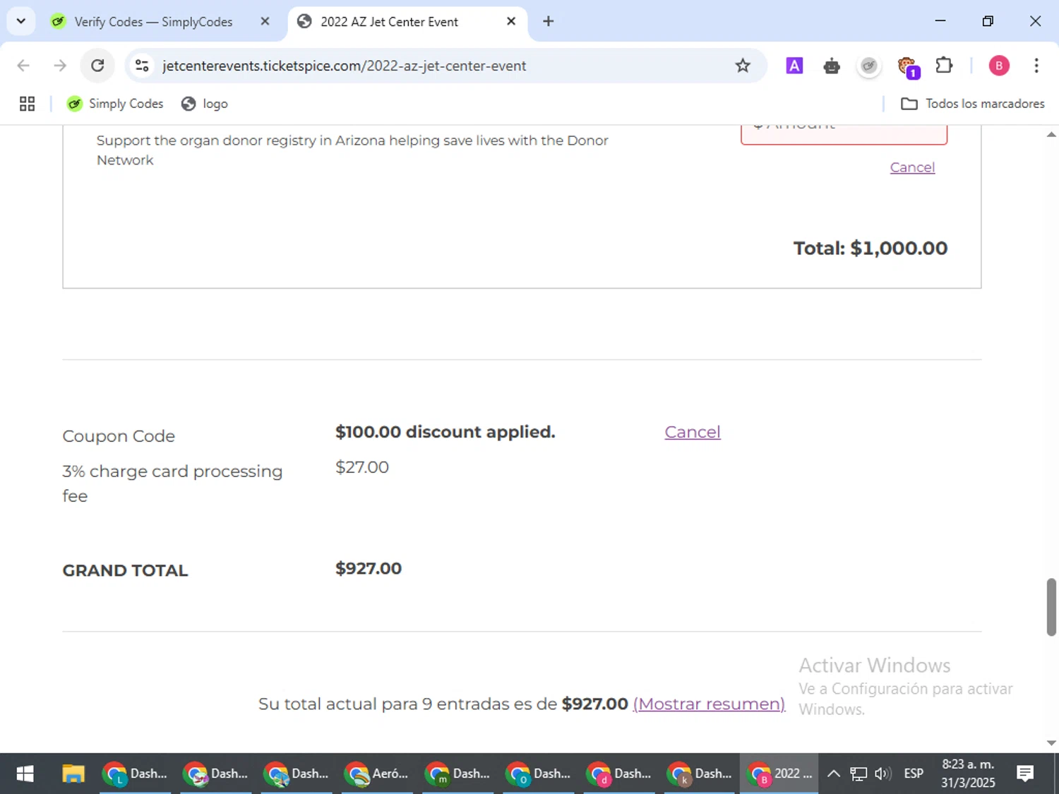 TicketSpice coupon code screenshot showing code HA-22 applied at TicketSpice checkout page. Uploaded by SimplyCodes community member bombontropical on Mar 31, 2025