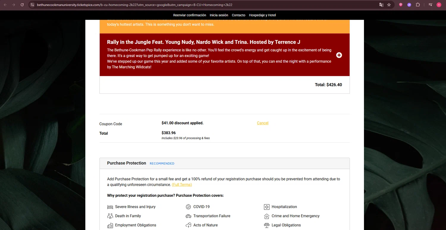 TicketSpice coupon code screenshot showing code BCUWHOE applied at TicketSpice checkout page. Uploaded by SimplyCodes community member CleverHawk3882 on Sep 14, 2025