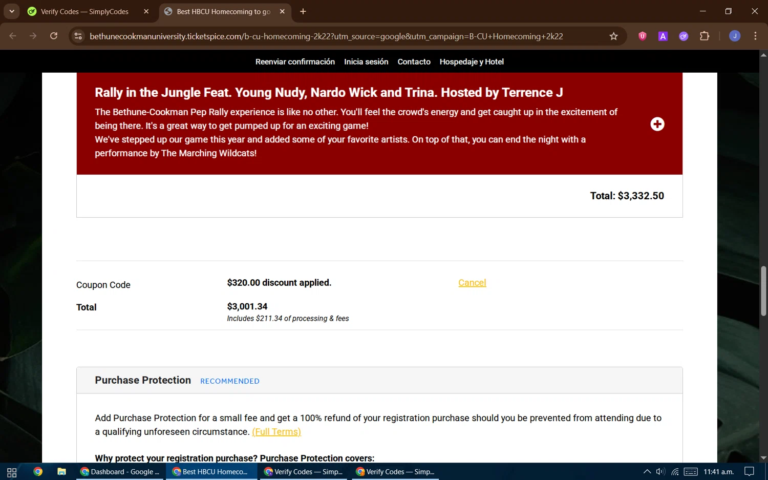 TicketSpice coupon code screenshot showing code BCUWHOE applied at TicketSpice checkout page. Uploaded by SimplyCodes community member DealFinder1711 on Aug 14, 2025