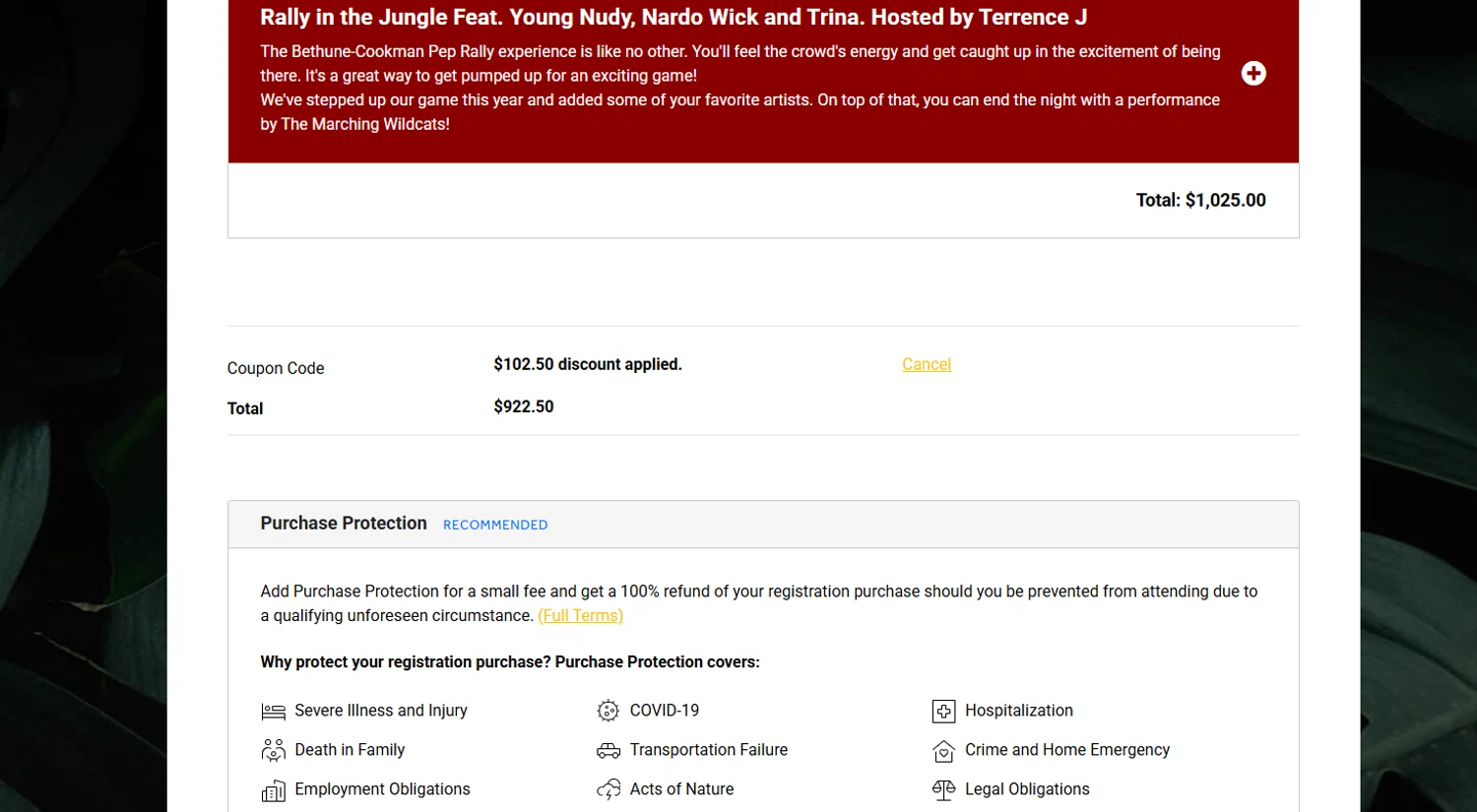 TicketSpice coupon code screenshot showing code BCUWHOE applied at TicketSpice checkout page. Uploaded by SimplyCodes community member Kmacho on Jan 26, 2025