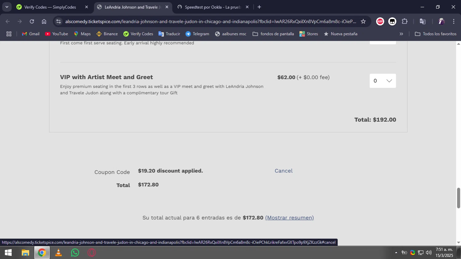 TicketSpice coupon code screenshot showing code JUNE applied at TicketSpice checkout page. Uploaded by SimplyCodes community member Moderador on Mar 15, 2025