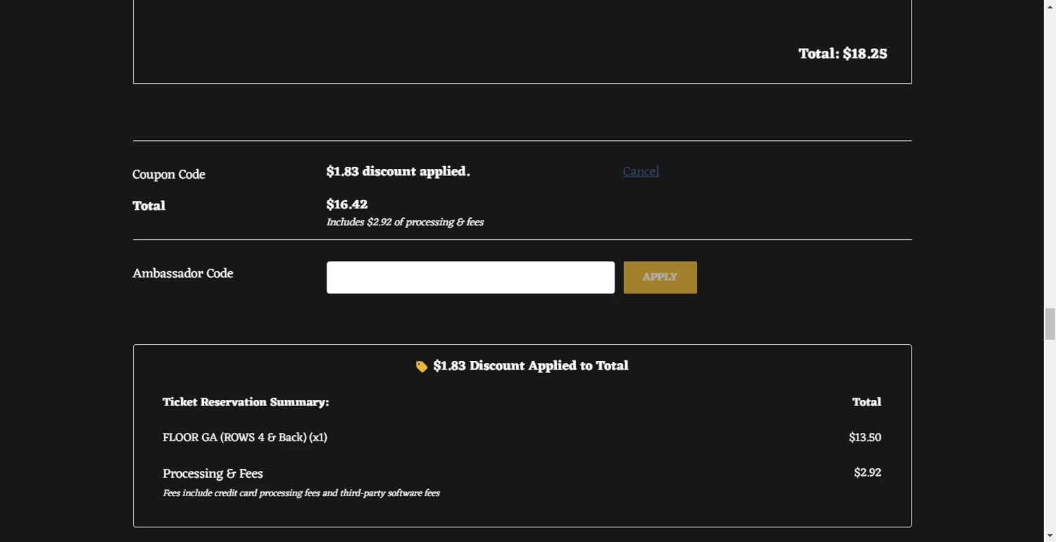 TicketSpice coupon code screenshot showing code YMCA applied at TicketSpice checkout page. Uploaded by SimplyCodes community member LlonardoLotes on Oct 9, 2025