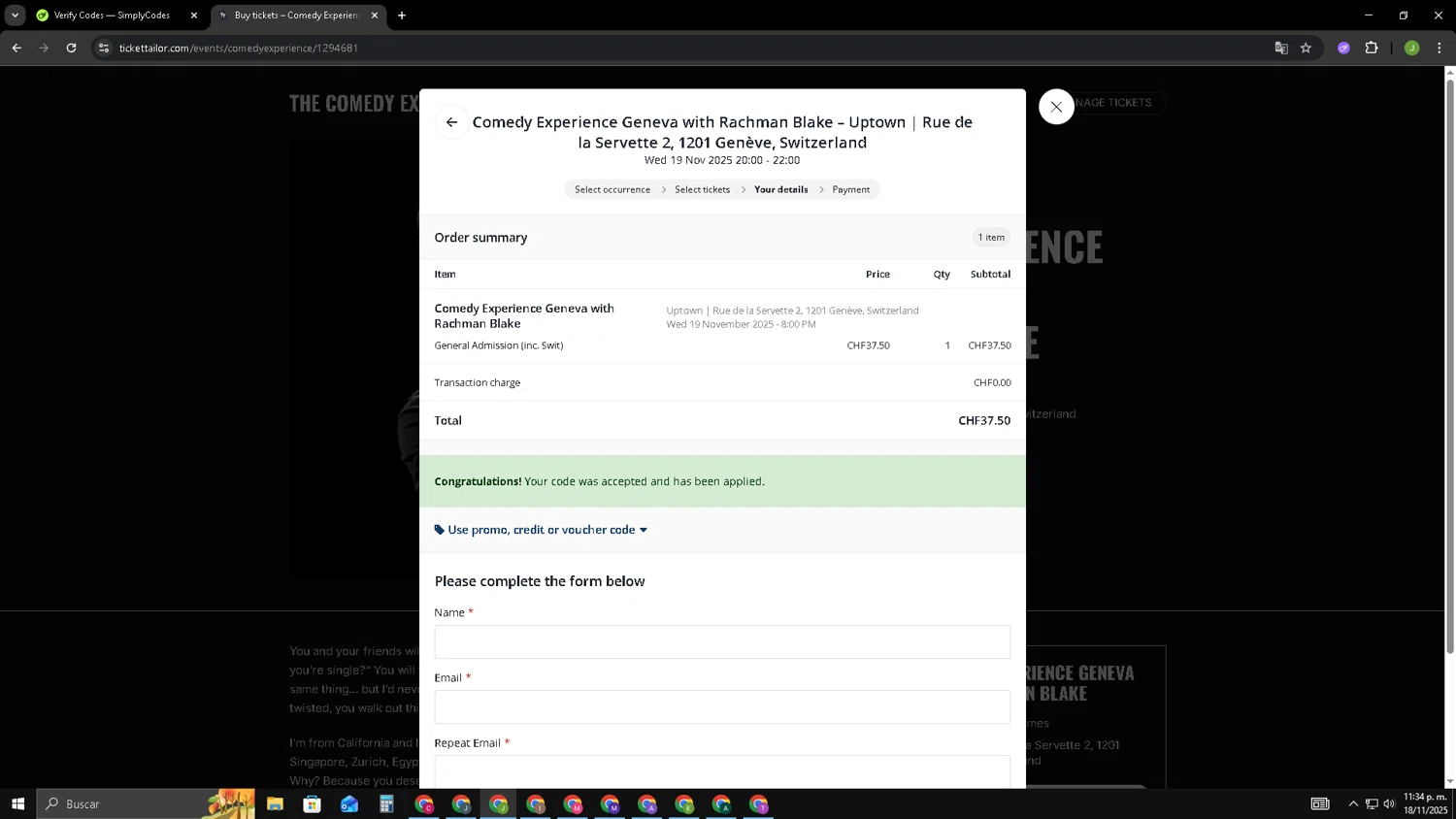 Ticket Tailor promo code screenshot showing code Swit applied at Ticket Tailor checkout page. Uploaded by SimplyCodes community member SAIKOO on Nov 19, 2025