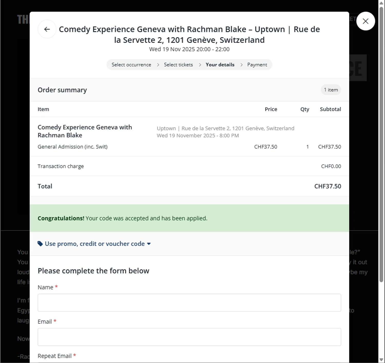 Ticket Tailor promo code screenshot showing code Swit applied at Ticket Tailor checkout page. Uploaded by SimplyCodes community member PillarsofCreation on Nov 12, 2025