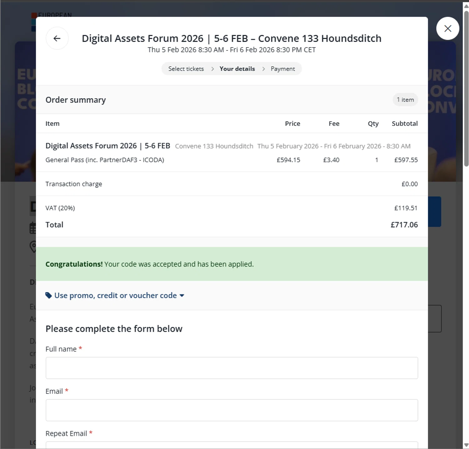 Ticket Tailor promo code screenshot showing code ICODA15 applied at Ticket Tailor checkout page. Uploaded by SimplyCodes community member PillarsofCreation on Dec 12, 2025