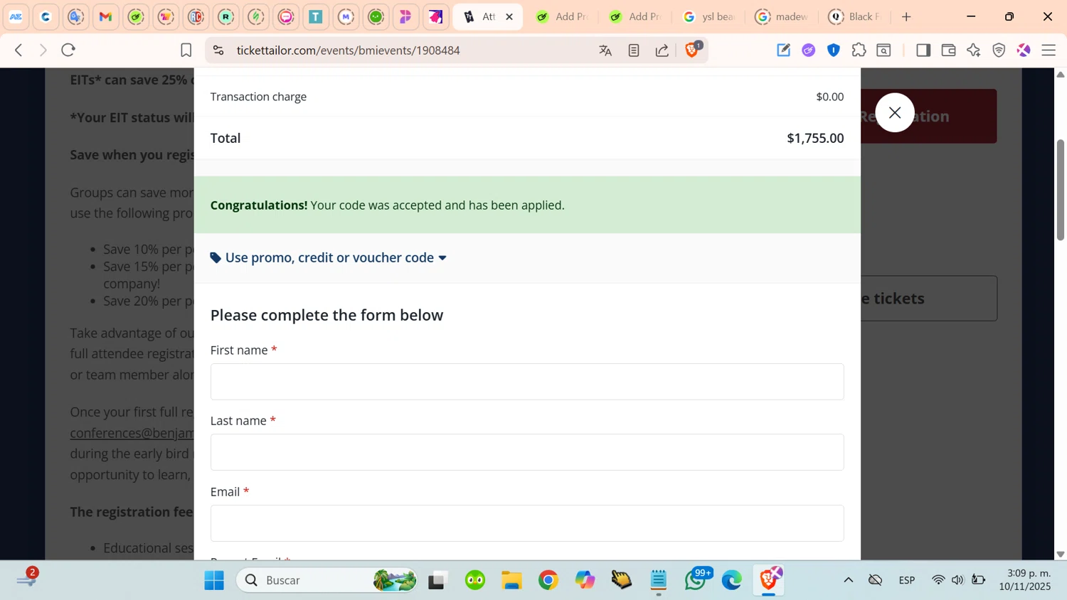 Ticket Tailor promo code screenshot showing code triangle applied at Ticket Tailor checkout page. Uploaded by SimplyCodes community member cosita on Nov 10, 2025