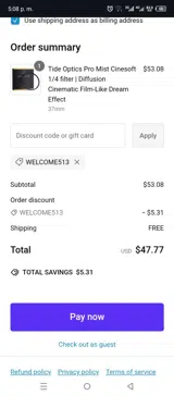 WELCOME513 coupon verification screenshot