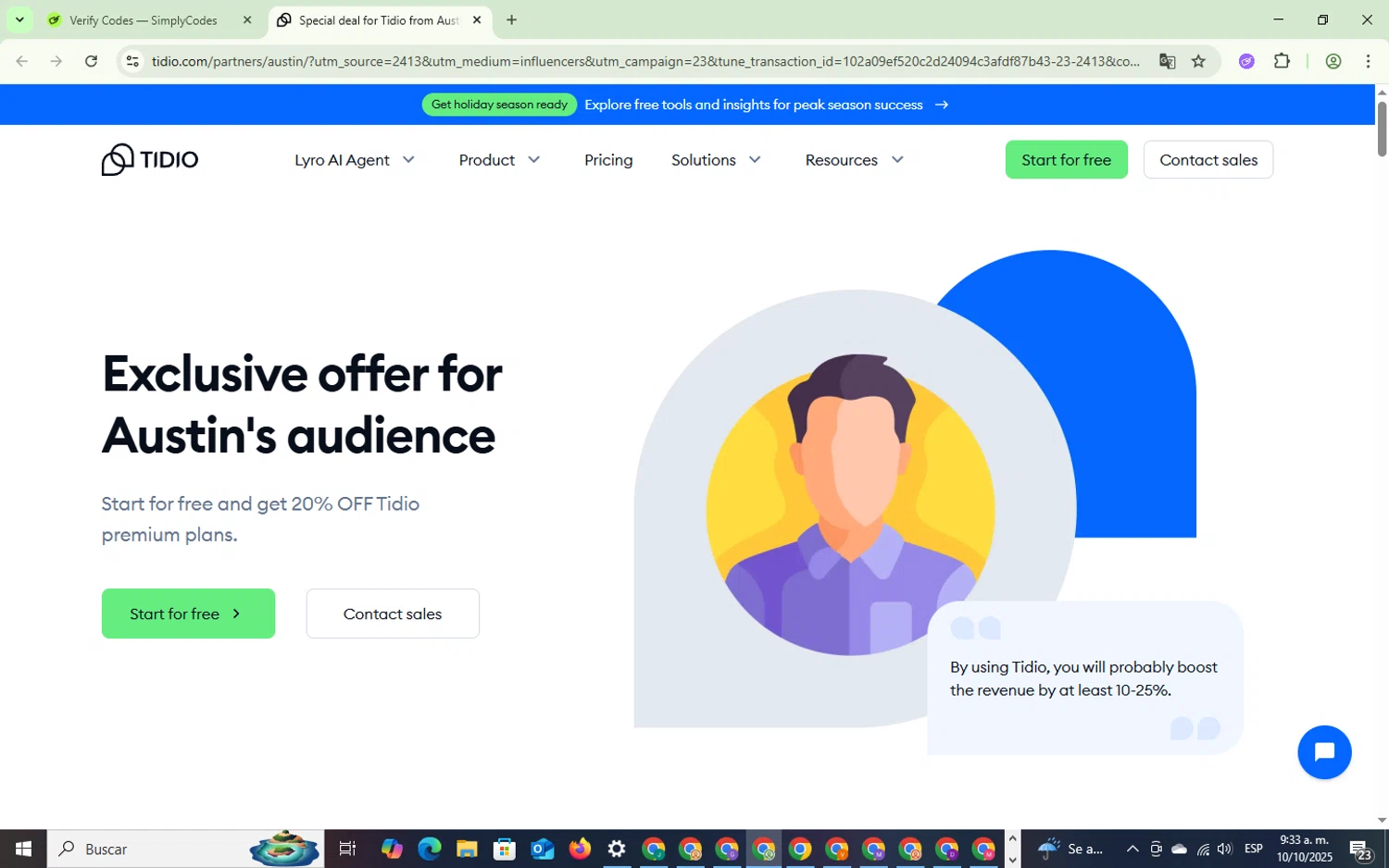 Tidio discount code screenshot showing code austin20 applied at Tidio checkout page. Uploaded by SimplyCodes community member BargainExpert7605 on Oct 10, 2025