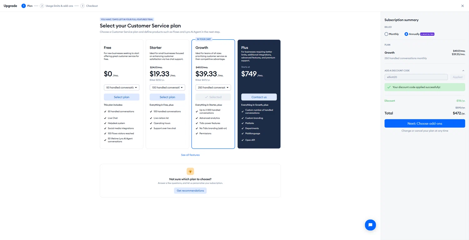 Tidio discount code screenshot showing code elliott20 applied at Tidio checkout page. Uploaded by SimplyCodes community member Tenmyoldy on Mar 3, 2025