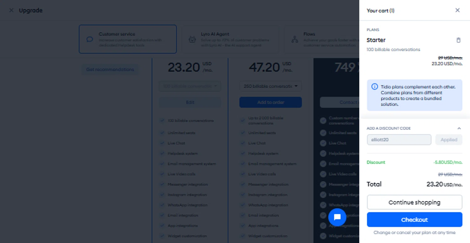 Tidio discount code screenshot showing code elliott20 applied at Tidio checkout page. Uploaded by SimplyCodes community member TraxoGamer on Oct 10, 2025
