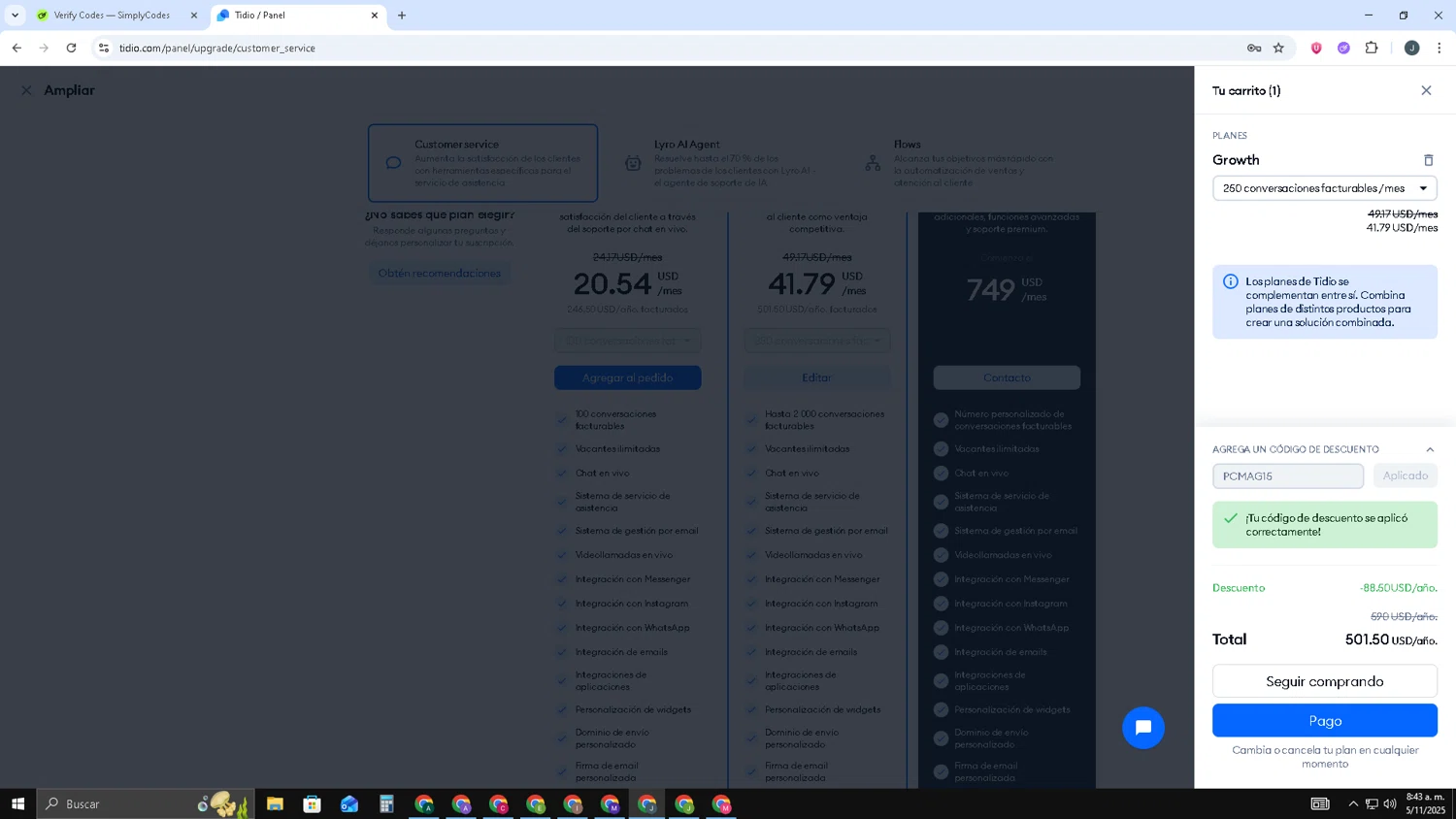 Tidio discount code screenshot showing code PCMAG15 applied at Tidio checkout page. Uploaded by SimplyCodes community member AVATIGRITO on Nov 5, 2025