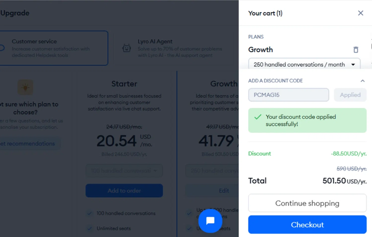Tidio discount code screenshot showing code PCMAG15 applied at Tidio checkout page. Uploaded by SimplyCodes community member La_Cara_Mia on Aug 10, 2025