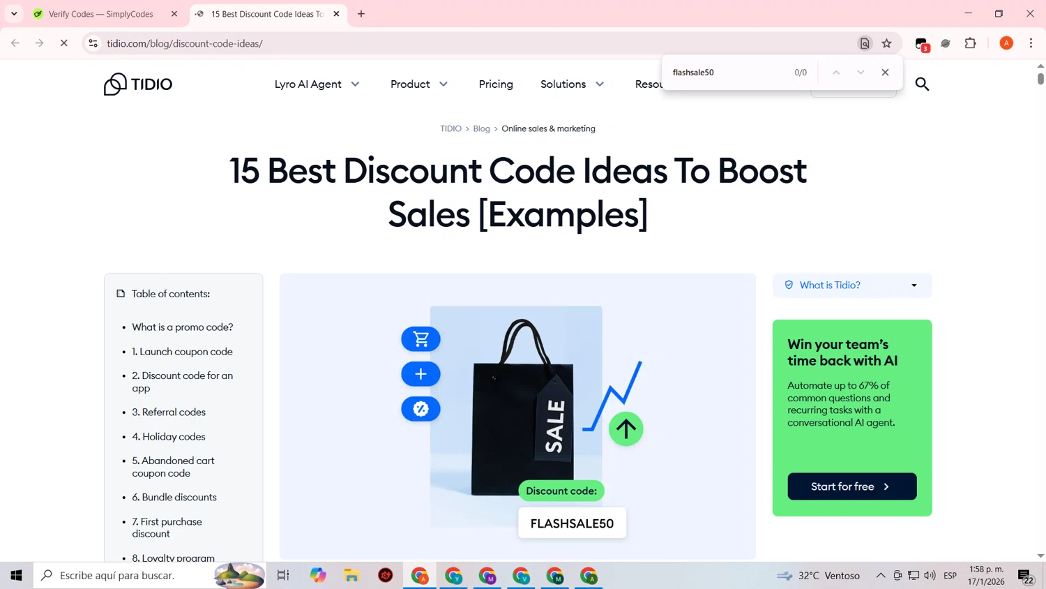 Tidio checkout page showing Tidio discount code box | Screenshot taken by SimplyCodes community member on Jan 17, 2026