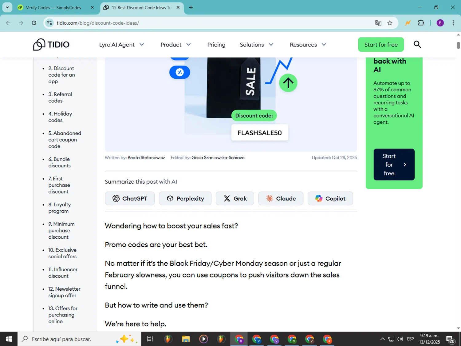 Tidio discount code screenshot showing code flashsale50 applied at Tidio checkout page. Uploaded by SimplyCodes community member Soyvictor on Dec 13, 2025