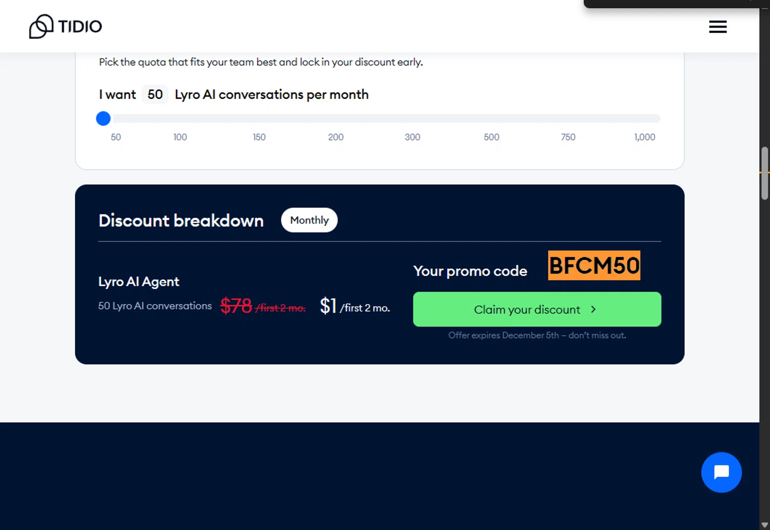 Tidio promo code screenshot showing code BFCM50 applied at Tidio checkout page. Uploaded by SimplyCodes community member Santi_ago on Dec 21, 2025